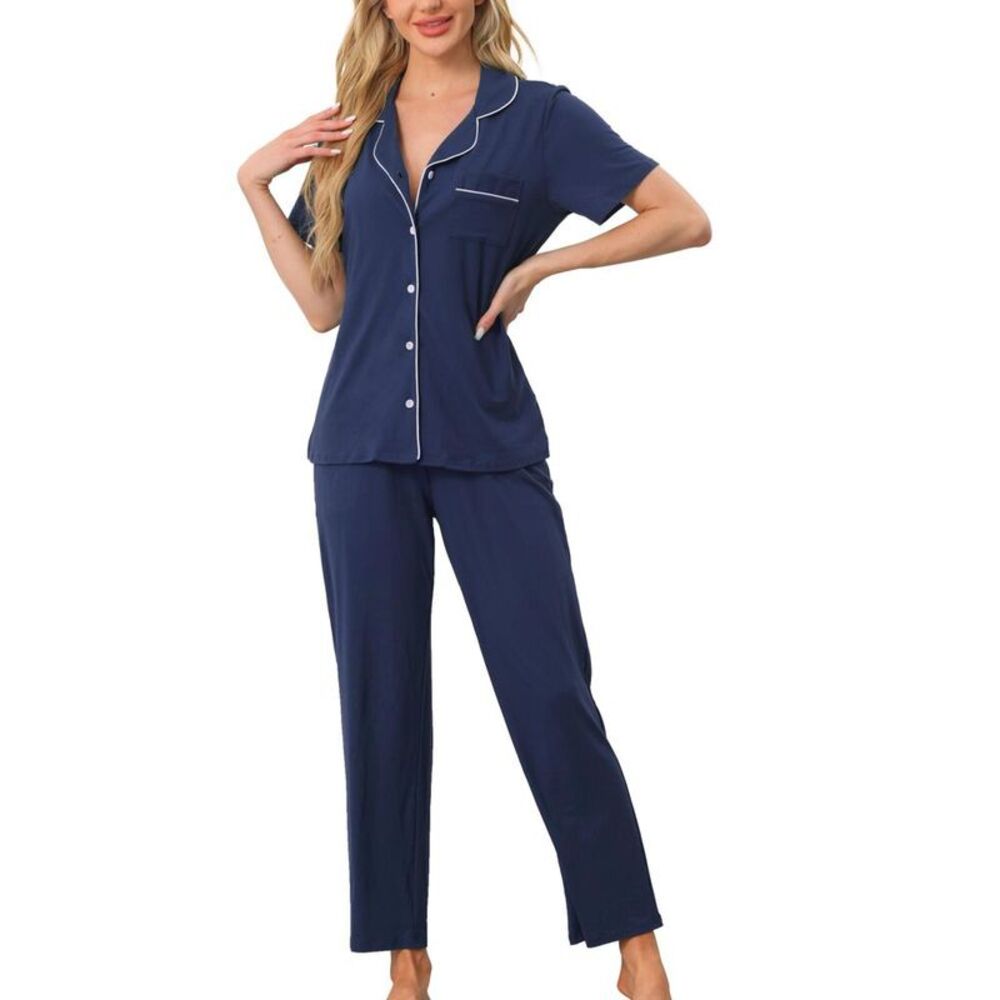Women's Short Sleeve Button Down Shirt & Pants Pajama Set Navy M